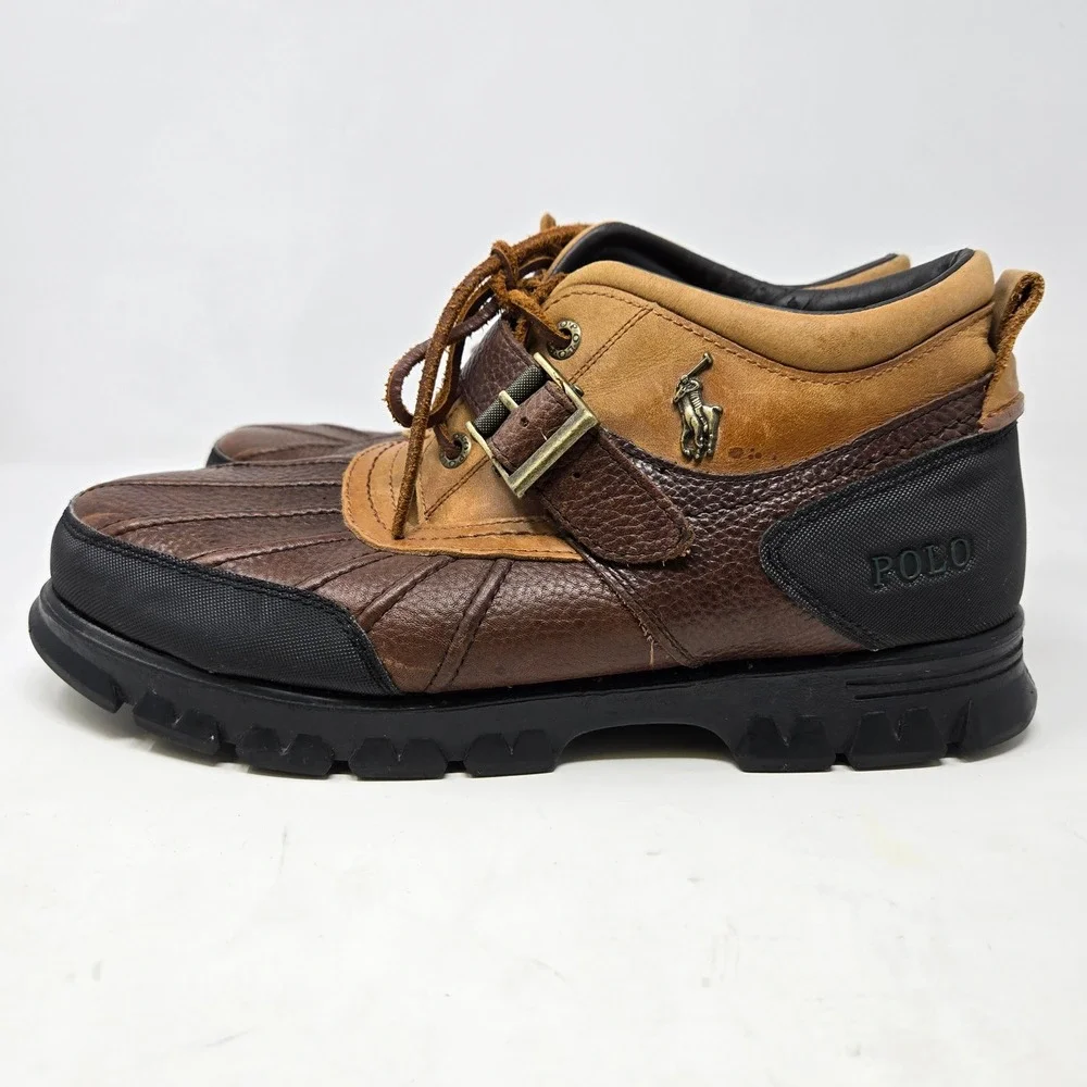 Polo Ralph Lauren Duck Boots Leather Buckle Strap 12D Brown Tan Rugged Mens